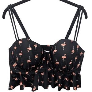 Torrid Flamingo Bikini Top Plus 2X Black Pink Underwire Peplum Ruffle Retro
